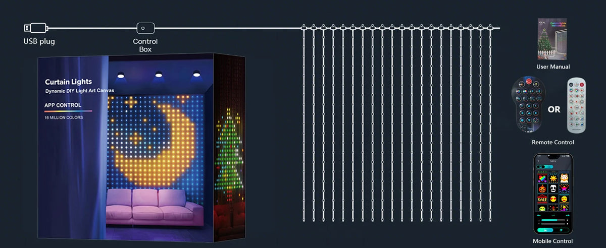 1/2PCS Smart Curtain Lights RGB Curtain String Lights with App Remote Music Sync Dynamic DIY for Indoor Outdoor Xmas Wall Decor